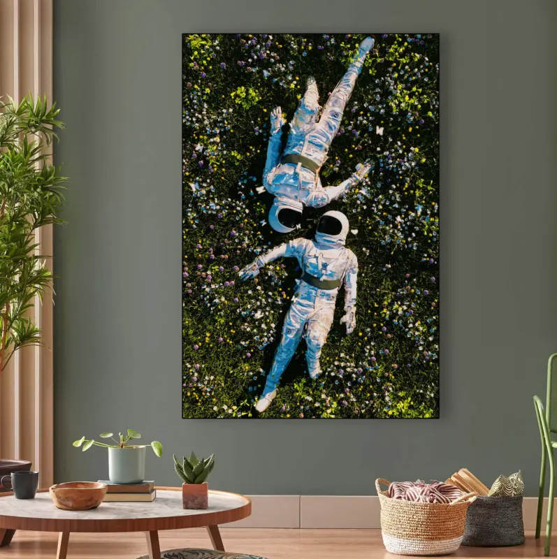 Oversized Wall Art Featuring Astronauts in Field Hangs in Living Room