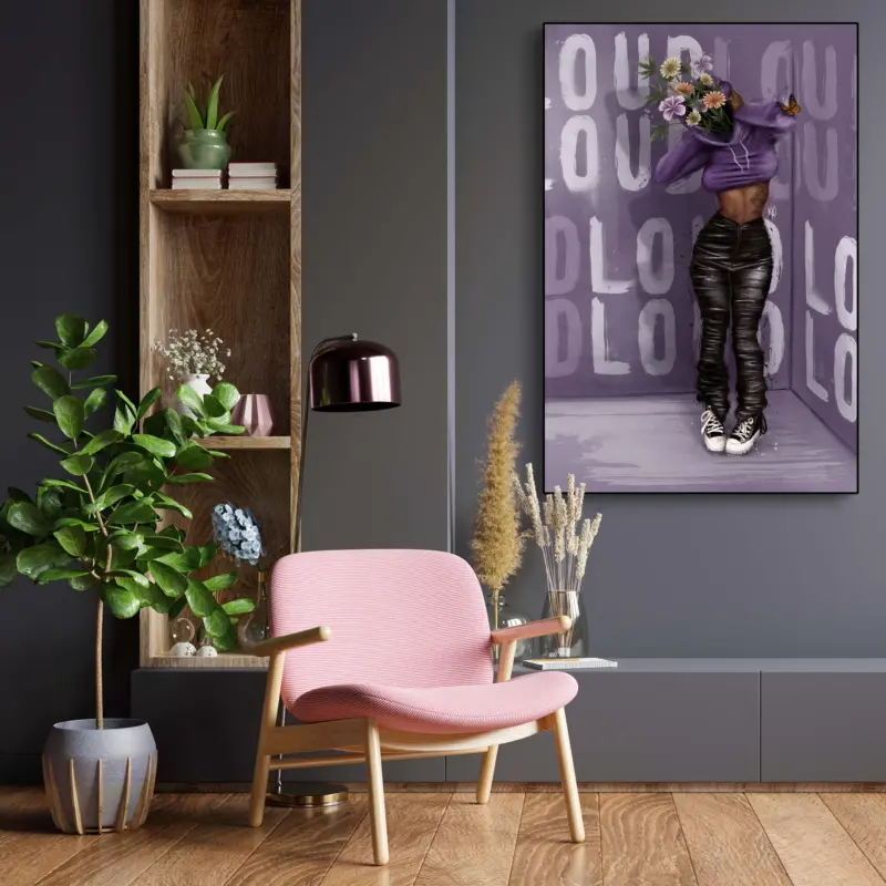 Oversized wall art of black woman with purple background hangs in living room
