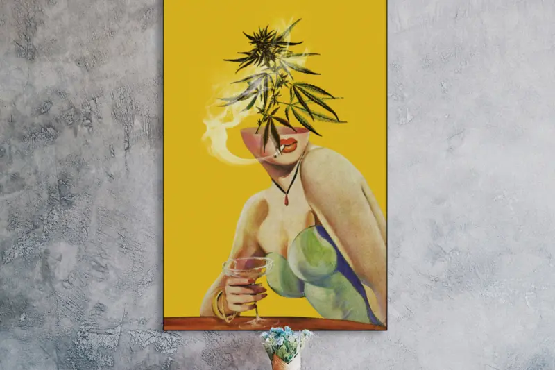 Vintage yellow weed art featuring a lady smoking with a pot plant growing out of her head hangs on a cement wall in an apartment.