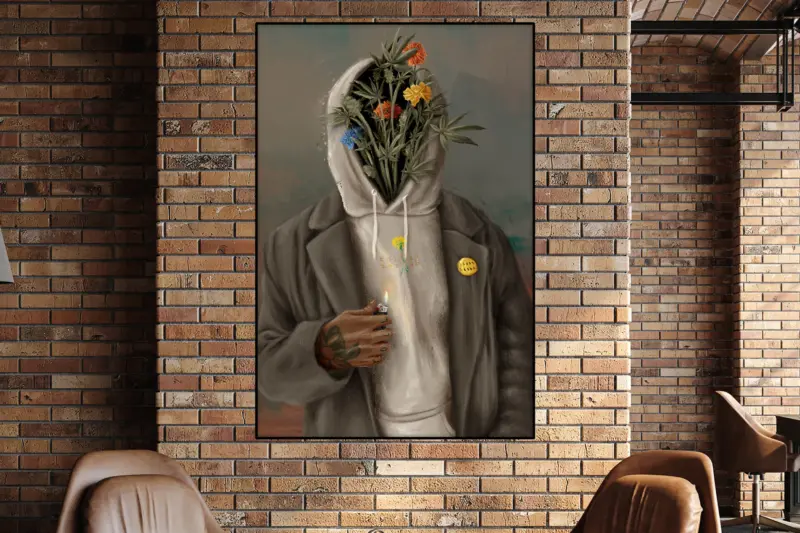 Oversized painting of Black man in gray hoodie and green blazer with wildflowers instead of a face hangs on brick wall in modern apartment living room