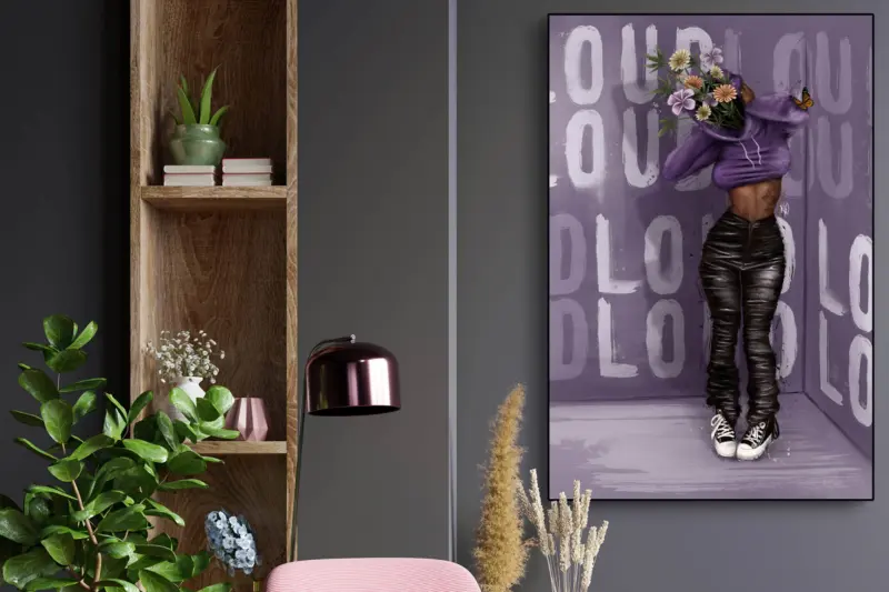 Oversized wall art of black woman with wildflowers instead of a head covering her ears with purple background hangs in living room