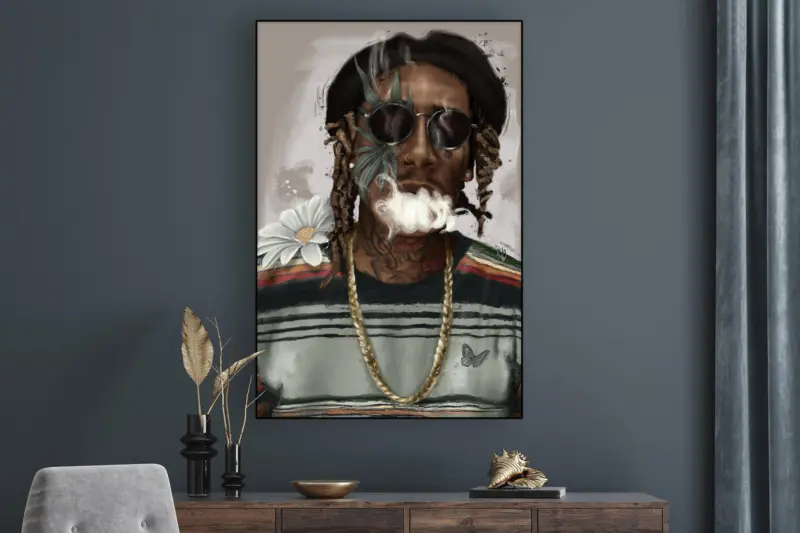 Extra large horizontal painting of Wiz Kalifa blowing out a cloud of smoke hangs above sideboard on blue wall in living room.