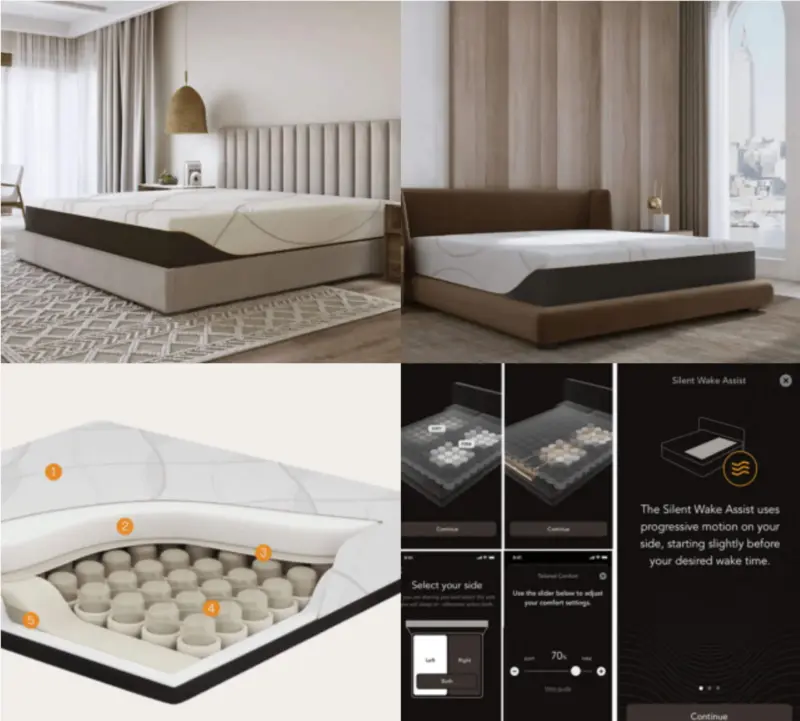 Gallery of 4 images of bed showing it staged in bedrooms as well as how the technology works.